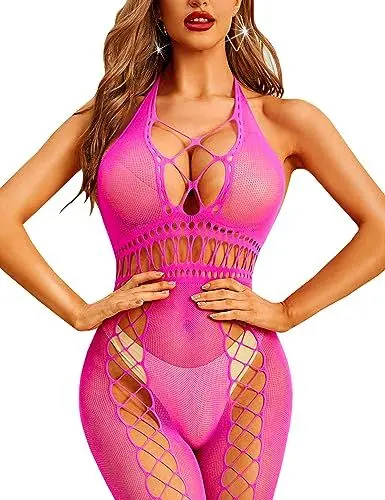 Produktbild: RSLOVE Damen Dessous Netz Bodystocking - Fischnetz Bodysuit Sexy Nachtwäsche Rosa One size