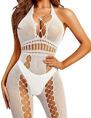 Produktbild: RSLOVE Damen Dessous Netz Bodystocking - Fischnetz Bodysuit Sexy Nachtwäsche Weiß One size