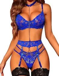 Produktbild: RSLOVE Damen Dessous Set Spitzen Unterwäsche Sexy Reizwäsche mit Strapsen BH und G-String mit Strumpfgürteln 3 Teilige Blau S