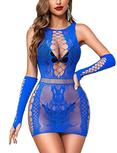 Produktbild: RSLOVE Damen Dessous Sexy Outfits Fischnetz Bodysuit mit Handschuhen Bodystocking Babydoll Blau Einheitsgröße