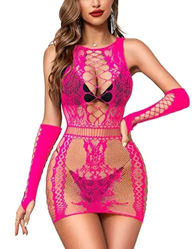 Produktbild: RSLOVE Damen Dessous Sexy Outfits Fischnetz Bodysuit mit Handschuhen Bodystocking Babydoll Rosa Einheitsgröße