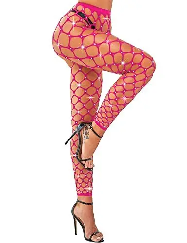 Produktbild: RSLOVE Damen Netzstrumpfhose mit Strasssteinen - Sexy Großgitter-Fischnetzstrumpfhose Rose weiße Diamanten