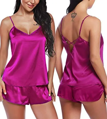 Produktbild: RSLOVE Damen Schlafanzüge Satin Pyjama Set Cami und Kurzhose Kurz Sexy Nachtwäsche für Frauen Lila L