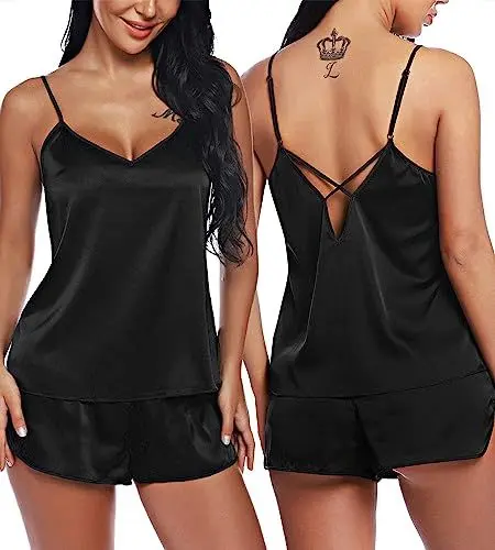 Produktbild: RSLOVE Damen Schlafanzüge Satin Pyjama Set Cami und Kurzhose Kurz Sexy Nachtwäsche für Frauen Schwarz L