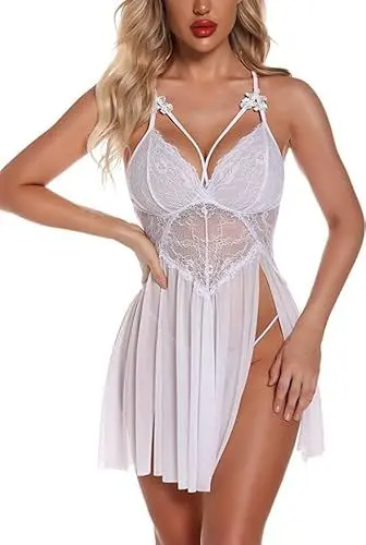 Produktbild: RSLOVE Damen Sexy Babydoll Spitze Dessous Nachthemd Kleid Weiß Medium