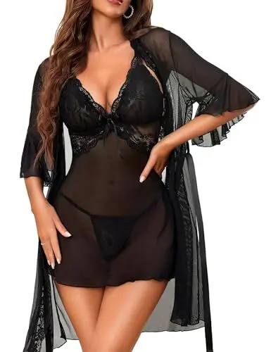 Produktbild: RSLOVE Damen Spitzen Morgenmantel Bademantel - mit Sexy Babydoll Braut Nachtkleid Nachtwäsche Schwarz S
