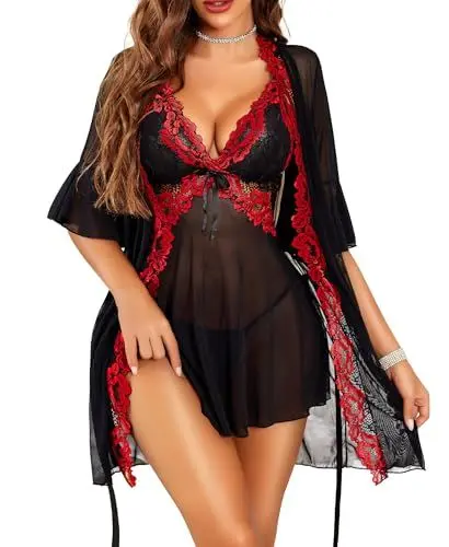 Produktbild: RSLOVE Damen Spitzen Morgenmantel Bademantel - mit Sexy Babydoll Braut Nachtkleid Nachtwäsche Schwarz Weinrot XL