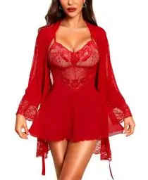 Produktbild: RSLOVE Dessous-Set Spitze Nachtwäsche Damen - Sexy Kimono mit BH und Höschen 3 teilig Nachthemd Damen Rot S