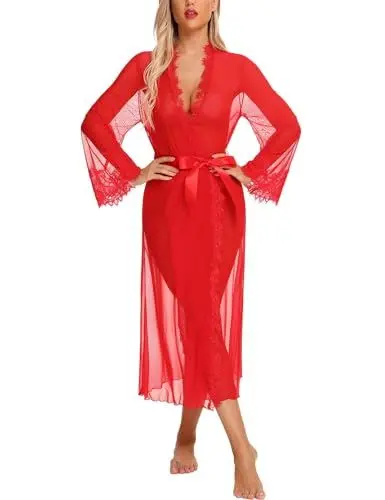 Produktbild: RSLOVE Dessous für Damen Sexy Lange Spitze Bademantel Robe Mesh-Chemise Kleid Babydoll-Vertuschung Rot Medium