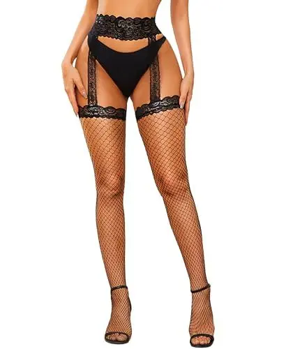Produktbild: RSLOVE Fischnetz Strümpfe Damen Sexy - Halterlose Netzstrümpfe Strapsstrümpfe für Strumpfhalter Einheitsgröße Schwarz
