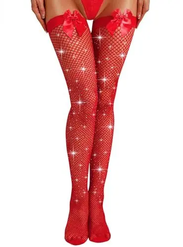 Produktbild: RSLOVE Halterlose Strümpfe für Damen - Sexy Netzstrümpfe mit Schleife Rot,One size