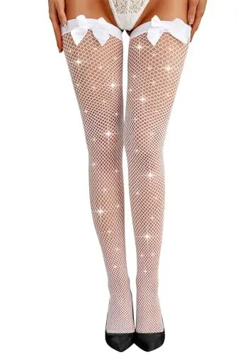 Produktbild: RSLOVE Halterlose Strümpfe für Damen - Sexy Netzstrümpfe mit Schleife Weiß,One size