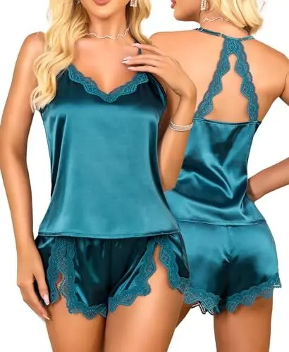 Produktbild: RSLOVE Satin Schlafanzug Damen Sexy - Silk Pyjama Set Kurz 2-Teiliges Nachtwäsche Blaugrün S