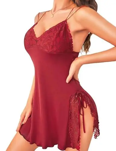 Produktbild: RSLOVE Sexy Dessous Nachtwäsche für Damen - Babydoll Unterwäsche Kleid Reizwäsche Weinrot S