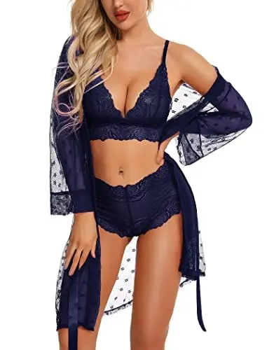 Produktbild: RSLOVE Sexy Dessous Set für Damen 3 teilig Spitzen Kimono mit BH und Höschen Marineblau M