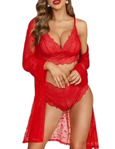 Produktbild: RSLOVE Sexy Dessous Set für Damen 3 teilig Spitzen Kimono mit BH und Höschen Rot S