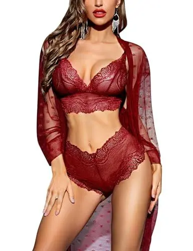 Produktbild: RSLOVE Sexy Dessous Set für Damen 3 teilig Spitzen Kimono mit BH und Höschen Wein Rot L