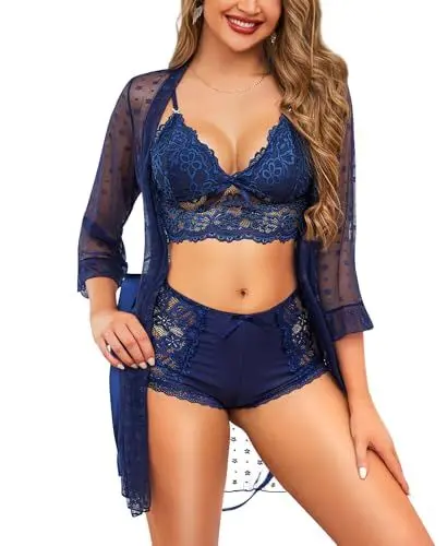 Produktbild: RSLOVE Sexy Dessous Set für Damen - Spitzen Unterwäsche Morgenmantel mit BH und Höschen Marineblau L
