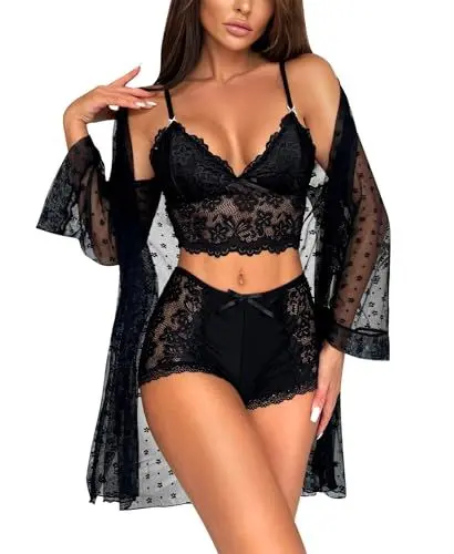 Produktbild: RSLOVE Sexy Dessous Set für Damen - Spitzen Unterwäsche Morgenmantel mit BH und Höschen Schwarz XXL