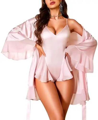 Produktbild: RSLOVE Sexy Dessous für Damen - Satin Morgenmantel Bademantel Hochzeit Robe Mit Body Rosa S