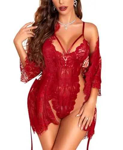 Produktbild: RSLOVE Sexy Dessous für Damen - Spitzen Body mit Bademantel Nachtwäsche Set Unterwäsche Negligee Wein Rot L