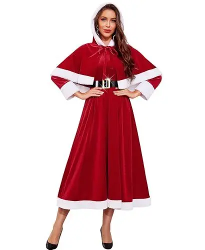 Produktbild: RSLOVE Weihnachtsfrau Kostüm für Damen - Weihnachten Kleid Frauen Mrs Santa Dress Babydoll mit Umhang L