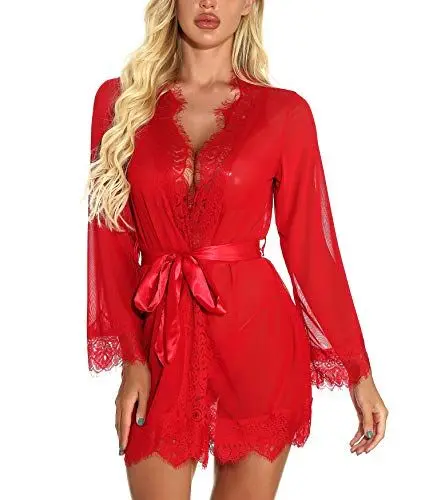 Produktbild: RSLOVE Women's Lace Kimono Robe Sexy Lingerie Babydoll Nightwear Mesh Nightdress Transparent Kimono Chemise Rot X-Large