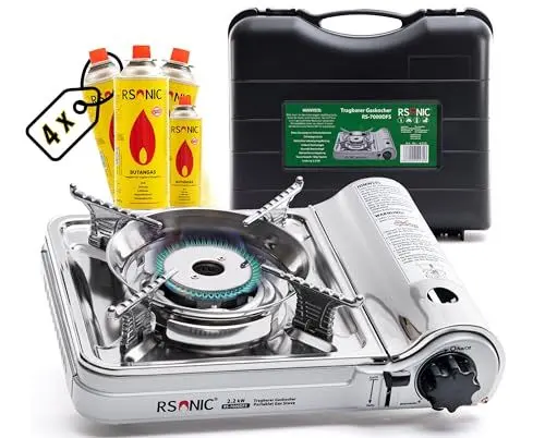 Produktbild: Rsonic 7000DFS Mini Gaskocher Slim Campingkocher Set mit Gaskartuschen Grillplatte für die Outdoorküche für Camping (Mit 4 Kartuschen)