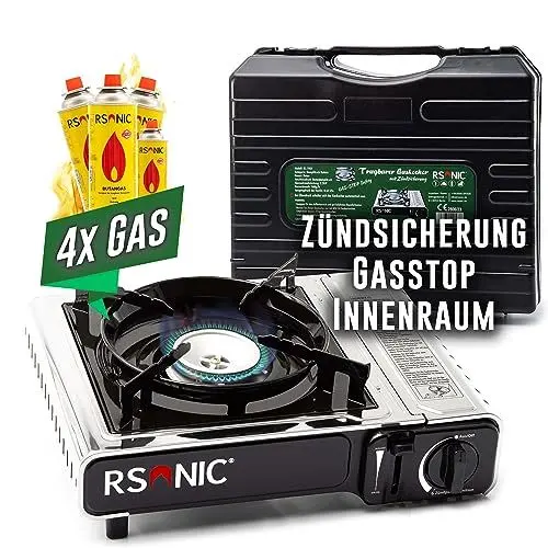 Produktbild: Rsonic Gaskocher mit Zündsicherung GASSTOP für Innenraum | Campingkocher Set mit Kartuschen für Outdoor kochen Balkon Camping (Gaskocher mit 4 Kartuschen)