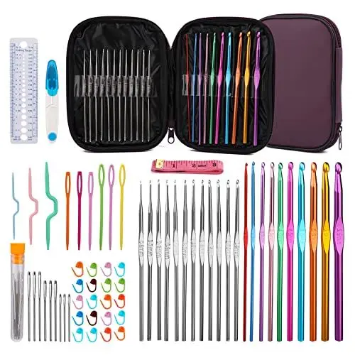 Produktbild: Ruasol 60-teiliges Häkelnadel-Set, Häkelnadel-Set mit Aufbewahrungsbox, ergonomische Stricknadeln, stumpfe Nadeln, Stichmarker, DIY-Handstrick-Handwerkskunst-Werkzeuge für Anfänger