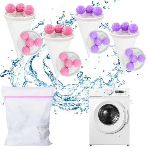 Produktbild: Ruayia 4x Waschbäll mit 1x Wäschenetz für Waschmaschine, Fussel-Haarfänger aus Haustierpelz im konisch zulaufenden Mesh-Design (2*Pinker Waschbäll+2*Lila Waschbäll）