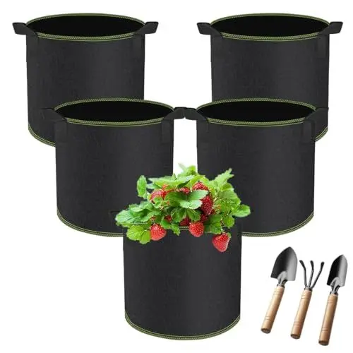 Produktbild: Ruayia 5 x 18L Stofftöpfe + 3 Stück Gartenwerkzeug-Set-Gartenkelle, Pflanzsack aus Vlies Stoff, Reißfesten Stoff Vliesstoff Pflanztasche mit Griffe für Balkon Terrasse Gewächshaus&Garten