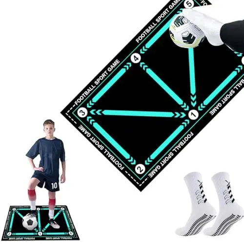 Produktbild: Ruayia Fußball Trainingsmatte, 60x90 CM Fußballmatte mit 1Paar*Fußballsocken, Fußball Schritt Trainingsmatte, Stoßdämpfende Rutschfest, Ballkontrolle Trainingsmatte