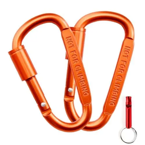 Produktbild: Ruayia Karabiner mit Schraubverschluss (2 Stück), Schlüsselanhänger Karabiner, Karabinerhaken Aluminium, Mini Schraubkarabiner für Camping, Angeln, Wandern Reisen mit 1*eine Hundepfeife (Orange)