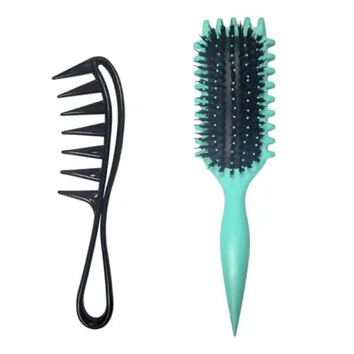 Produktbild: Ruayia Lockenbürste Denman Kit, Curl Brush Haarbürste Strähnenkamm Wide Tooth Comb, Lockenkamm Gepolstert Zahnkämme Hai Zahnkamm Frauen Männer Salon Lockenbürste Grobzinkiger Kamm - Cyanfarben