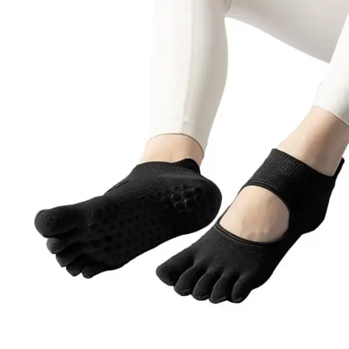 Produktbild: Ruayia Yoga Socken Anti-Rutsch, Stoppersocken Damen Pilates Socken Gymnastik Kickboxing Fitness Socken Yoga Zehensocken Rutschfeste Zehenlos Pilates Socken Rutschfest füsslinge - Noir