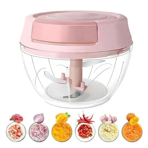 Produktbild: Ruayia Zwiebelschneider Manuell, Gemüseschneider Zerkleinerer Manuell mit Edelstahlklingen, Multizerkleinerer mit Deckel, Vegetable Onion Chopper für Gemüse, Obst, Zwiebeln, Nüsse, Knoblauch - Rosa