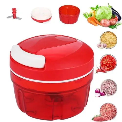Produktbild: Ruayia Zwiebelschneider Manuell, Gemüseschneider Zerkleinerer Manuell mit Edelstahlklingen, Multizerkleinerer mit Deckel, Vegetable Onion Chopper für Gemüse, Obst, Zwiebeln, Nüsse, Knoblauch - Rot