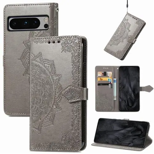 Produktbild: Rubaiiyu Leder Hülle für Google Pixel 8 Pro Hülle,(Kartensteckplätze)(Stand Feature)(Magnetic Closure Snap) Leder Weich Silikon Wallet Flipcase Cover Handyhülle Grau