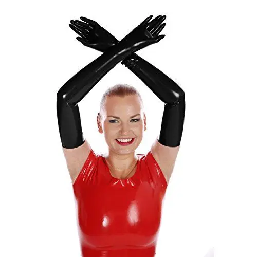 Produktbild: Rubberfashion Latex Handschuhe lang - Rubber Gloves - Latexhandschuhe für Damen und Herren Paar schwarz 0.4mm M