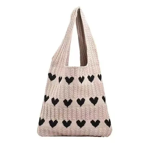 Produktbild: Damen Strick-Einkaufstasche, gehäkelte Umhängetasche, Liebes-Herz-Muster, Handtaschen, alltägliche Stricktasche Taschen Riemen (Khaki, One Size)