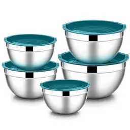 Produktbild: Rührschüssel 5er Set, HaWare 100% Edelstahl Salatschüssel Schüssel Set mit Luftdichtem Deckel – 4.5L/ 2.7L/ 1.5L/ 1.2L/ 0.7L, Ideal zum Kochen/Backen/Aufbewahrung, Stapelbar & Spülmaschinenfest - Blau