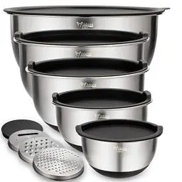 Produktbild: Rührschüsseln 5er-Set, Wildone Edelstahl mit luftdichten Deckeln, 3 Reibenaufsätzen, Messmarken und rutschfesten Böden, Größe 5, 3, 2, 1,5, 0,63 QT, ideal zum Mischen und Servieren