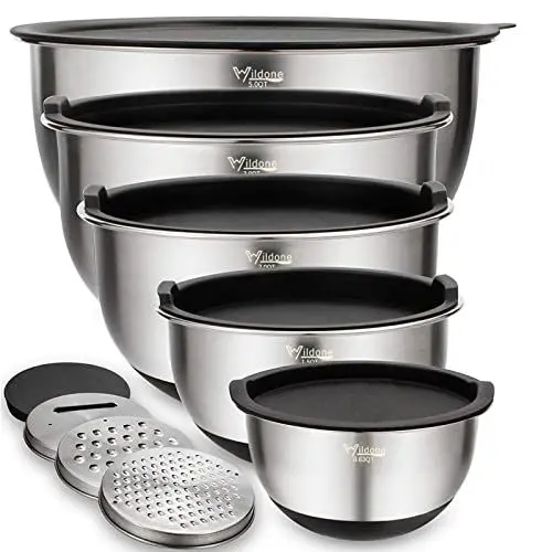 Produktbild: Rührschüsseln 5er-Set, Wildone Edelstahl mit luftdichten Deckeln, 3 Reibenaufsätzen, Messmarken und rutschfesten Böden, Größe 5, 3, 2, 1,5, 0,63 QT, ideal zum Mischen und Servieren