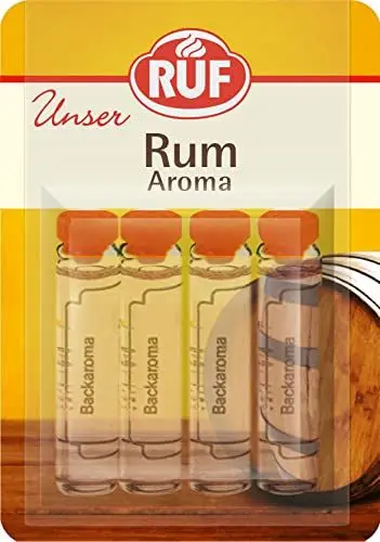 Produktbild: RUF Backaroma Rum, 4 Fläschchen Rumaroma zum Backen für Torten-Boden, Biskuit-Teig oder weihnachtliches Gebäck, tröpfchenweise dosierbar