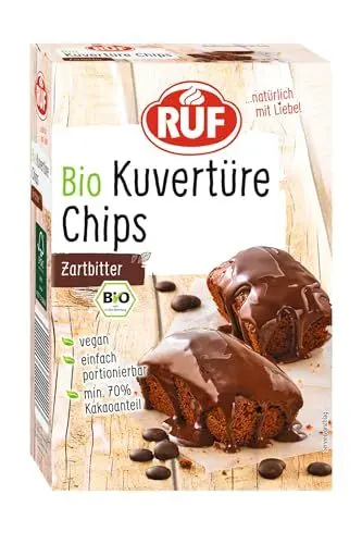 Produktbild: RUF Bio Kuvertüre-Chips Zartbitter, mit mind. 70% Kakaoanteil, zum Glasieren & Dekorieren von Kuchen, Torten & Keksen, glutenfrei & vegan, 1 x 150g