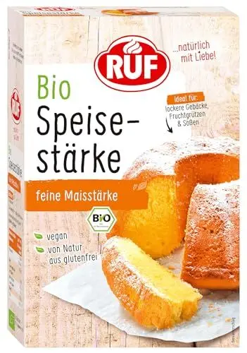Produktbild: RUF Bio Speisestärke, reine Maisstärke, ideal für lockeres Gebäck, zum Binden von Soßen und Frucht-Kompott, glutenfrei und vegan