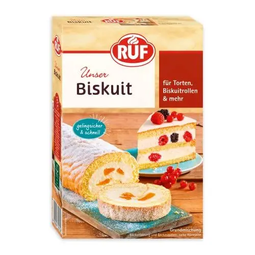 Produktbild: RUF Biskuit Teig, Backmischung für einen saftigen Biskuitteig, gelingsicher und schnell zubereitet, zur Herstellung von Biskuitrollen, Biskuitkuchen oder Tortenboden, 1 x 250g
