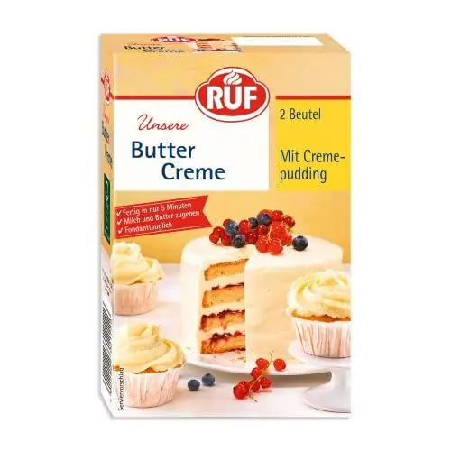 Produktbild: RUF Buttercreme mit Creme-Pudding, zum Eindecken & Garnieren von Torten & Cupcakes, Fondant-tauglich, vielseitig anwendbar, glutenfrei & vegan, 2 x 70g