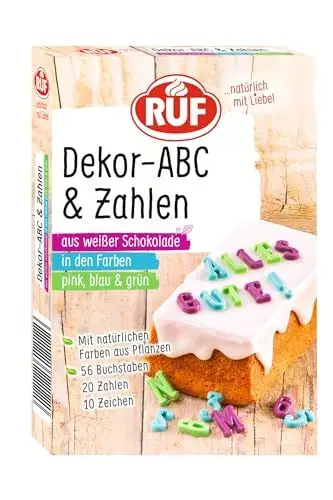 Produktbild: RUF Dekor ABC-Buchstaben und Zahlen für süße Botschaften aus weißer Schokolade mit natürlichen Farben aus Lebensmitteln, in grün, lila und blau, glutenfrei, 1x32g